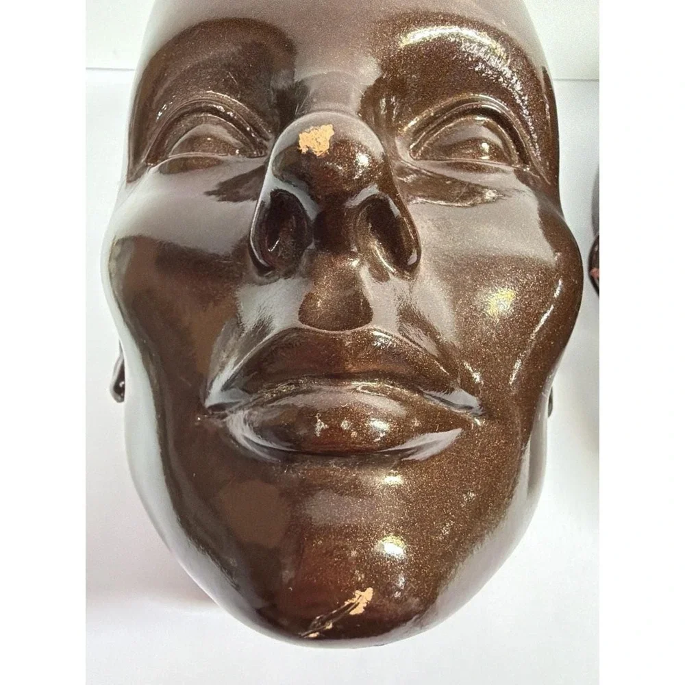 Vintage Female Face Wall Hanging Mask Decor Brown Glaze set‎ of 2